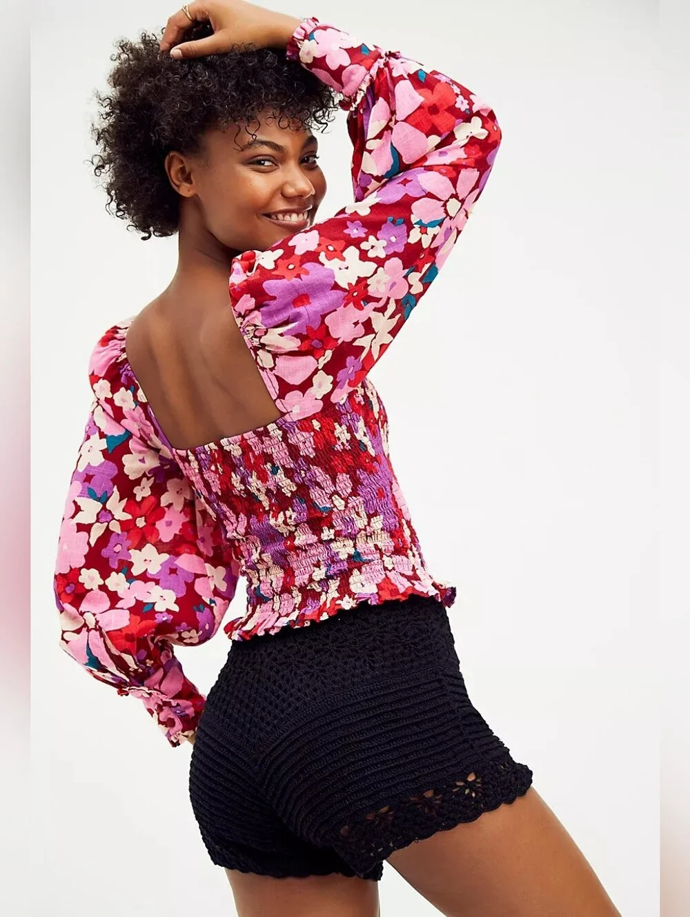 Free People Ariana Smocked Floral Puff Sleeve Crop Top Blouse Party Combo -Sz M